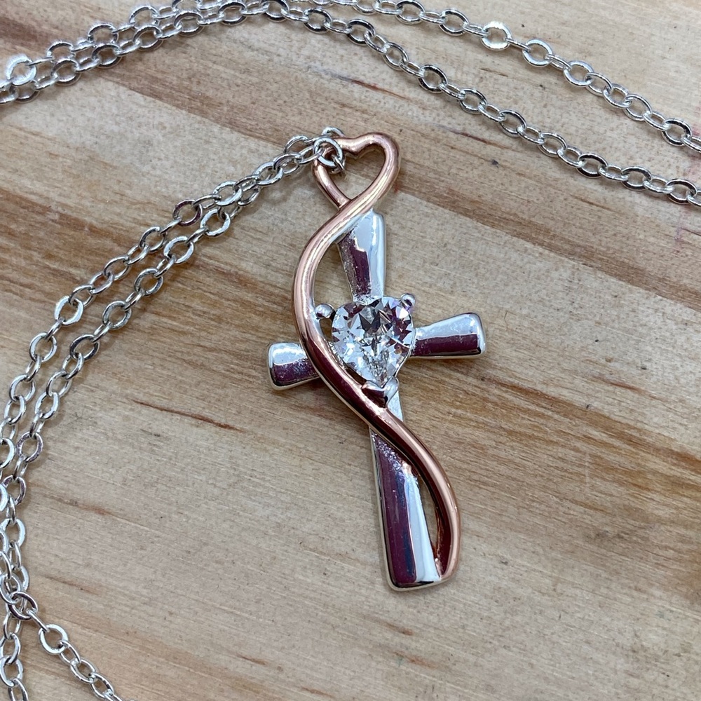 LACN designer Rose gold and silver tone cz cross pendant religious Necklace 18”
